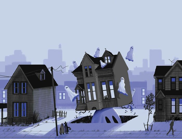 Bold illustration of a haunted house lifting off the ground with ghostly figures floating around in a clever visual metaphor style.
