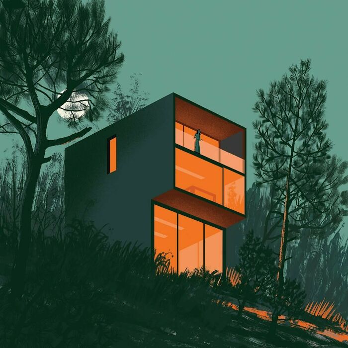 Bold illustration of a modern house glowing with orange light surrounded by dark trees in a mysterious nighttime setting.