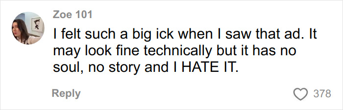 Comment from Zoe 101 criticizing fashion brand’s AI ad for lacking soul and story, calling it "big ick" and expressing strong dislike.