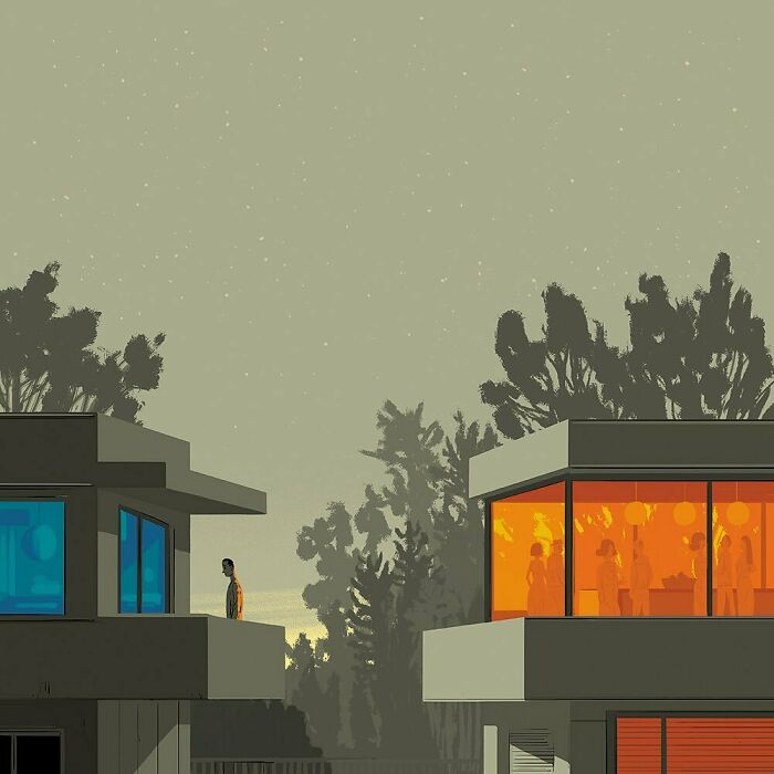 Modern building balconies with contrasting blue and orange lights showing bold illustrations as clever visual metaphors at dusk