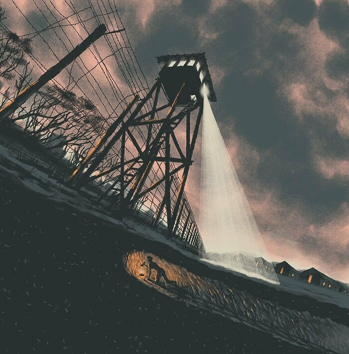 Illustration of a watchtower spotlight searching a prisoner digging underground, bold visual metaphor artwork.