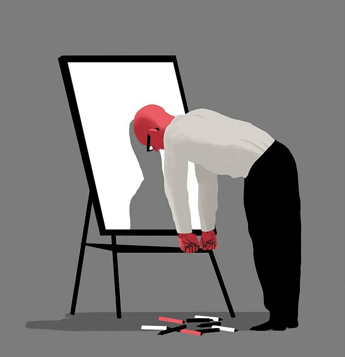 Bold illustration of a person with red head leaning against a blank panel, symbolizing clever visual metaphors and ideas.