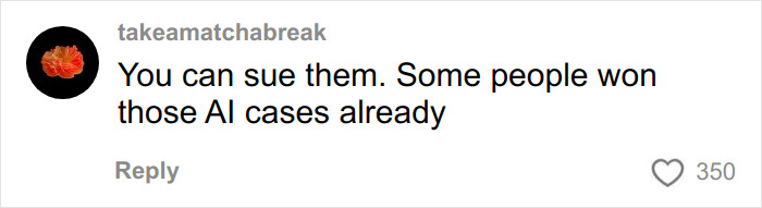 Social media comment discussing legal action in AI photo plagiarism controversy involving fashion brand and model likeness.