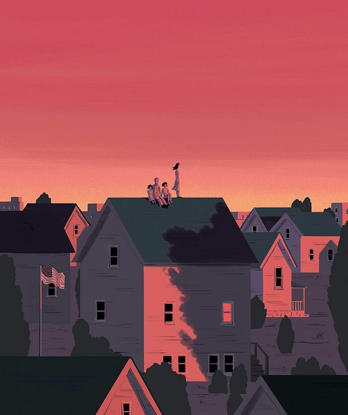 Bold illustration of people sitting on a rooftop at sunset, showcasing clever visual metaphors in an urban setting.