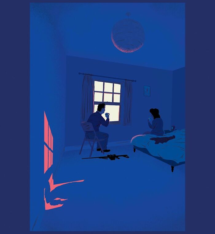 Dark blue illustration showing two people drinking tea in a room with a rifle casting a shadow, bold visual metaphor artwork.