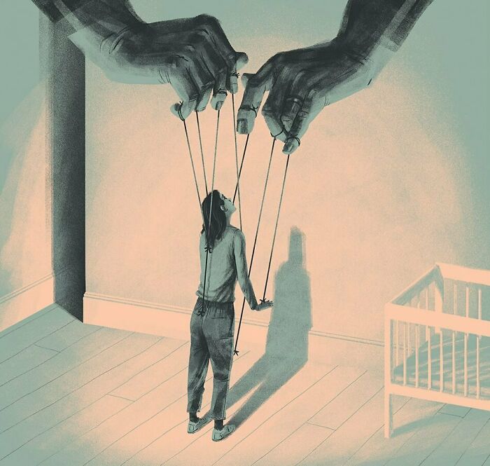 Bold illustration of a woman controlled like a puppet by large hands, a clever visual metaphor on manipulation and control.