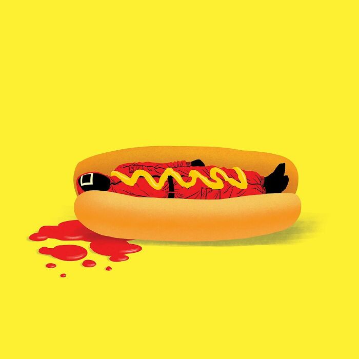 Bold illustration of a red-suited figure lying in a hot dog bun with mustard and ketchup on a yellow background.