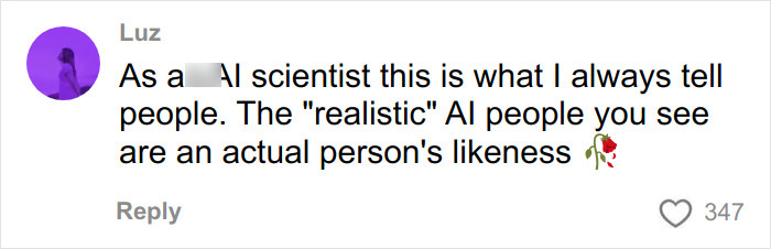 Comment from user Luz discussing AI-generated images and the use of real people's likeness in fashion brand ads controversy.