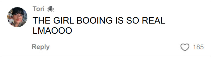 Comment by user Tori expressing amusement about a girl booing, related to Olympic hero Jack Hughes' crowd interaction. Comment by user Tori expressing amusement about a girl booing, related to Olympic hero Jack Hughes' crowd interaction.