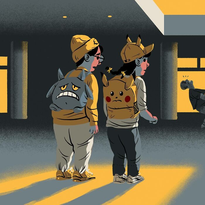 Two children with bold illustrations on backpacks, portraying clever visual metaphors in a dark urban setting.
