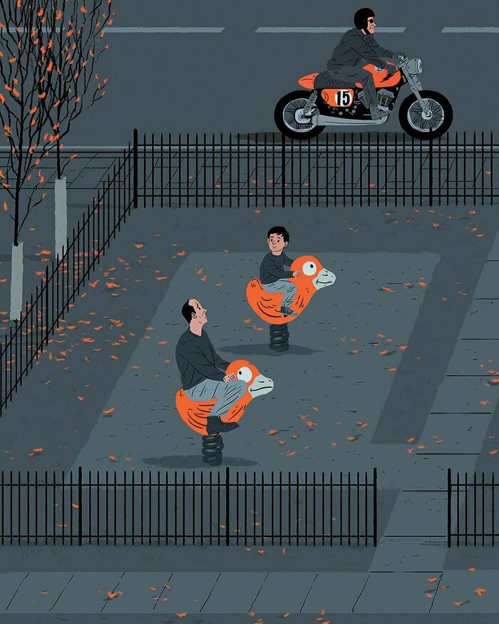 Illustration showing bold visual metaphors of adults on spring riders while a man rides a motorcycle above in a fenced playground.