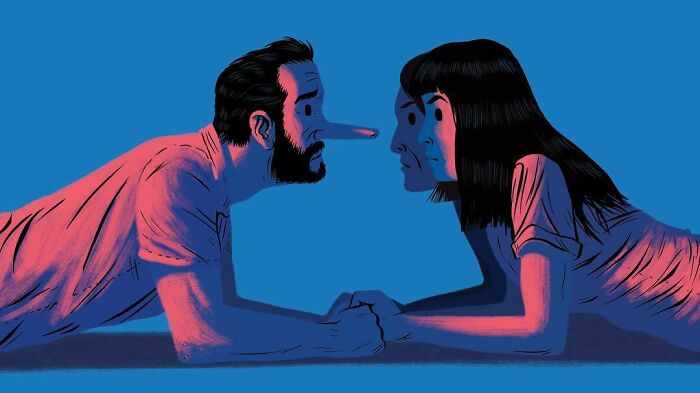 Man and woman lying face-to-face with the man’s nose extended like Pinocchio in a bold illustration metaphor.