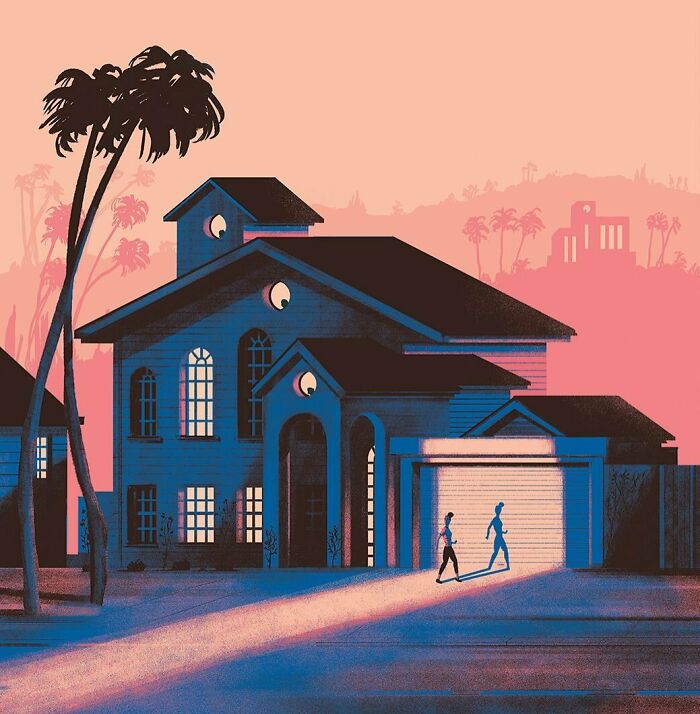Bold illustration of a blue house with glowing eyes and two people casting shadows in a sunset setting with palm trees.