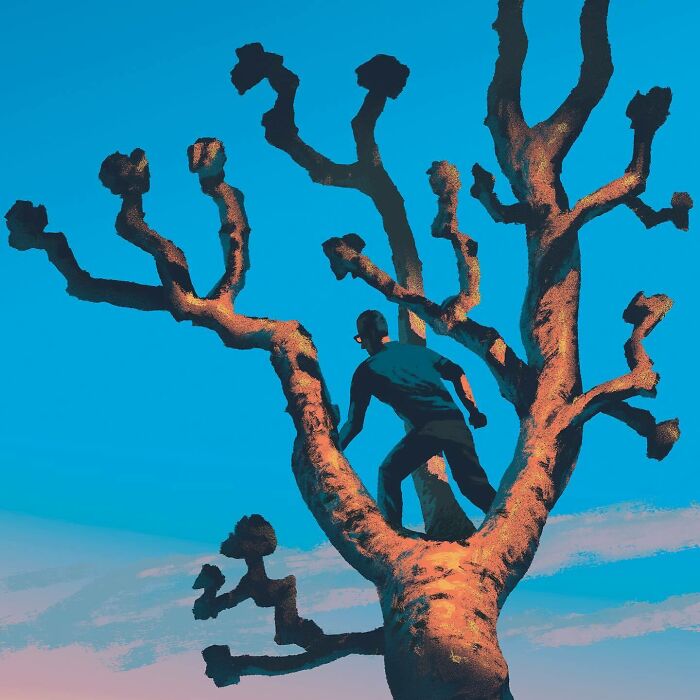 Bold illustration of a person climbing a surreal tree with thick, twisted branches against a bright blue sky background.