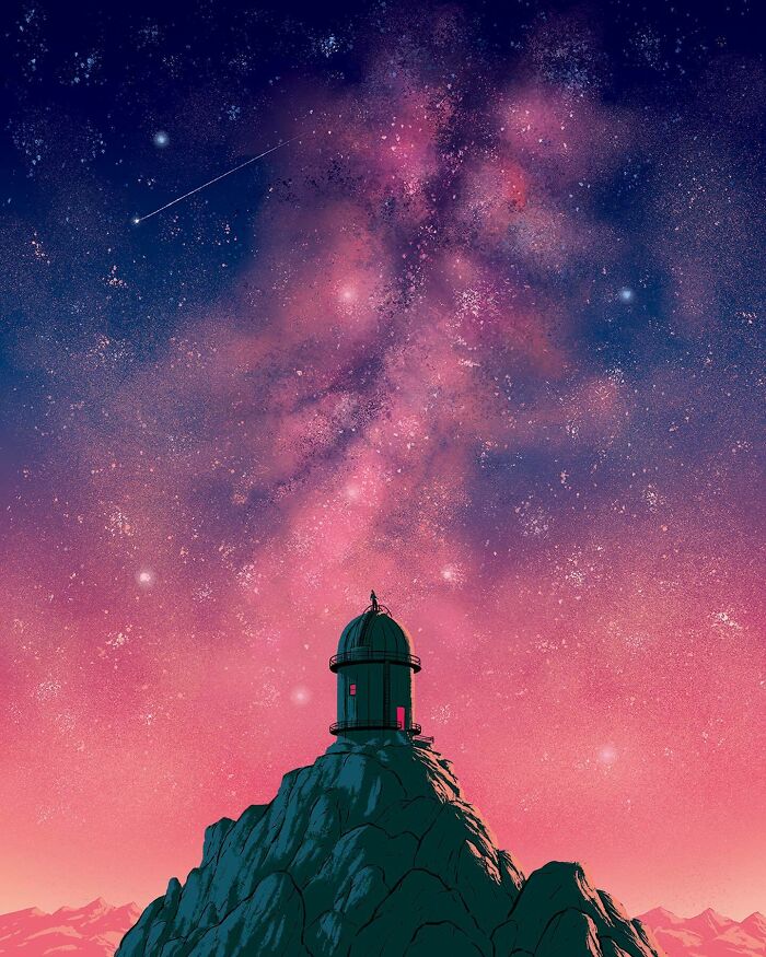 Dark observatory on rocky peak under vibrant night sky filled with stars and shooting star in bold illustration style