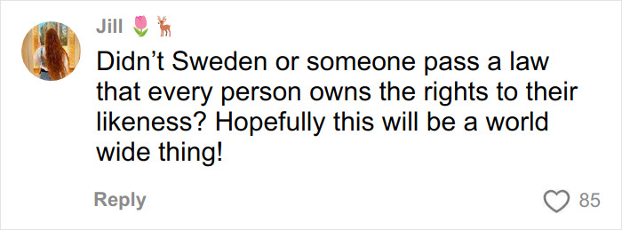 Comment from user Jill questioning laws about owning likeness rights in response to AI photos in a fashion brand ad controversy.