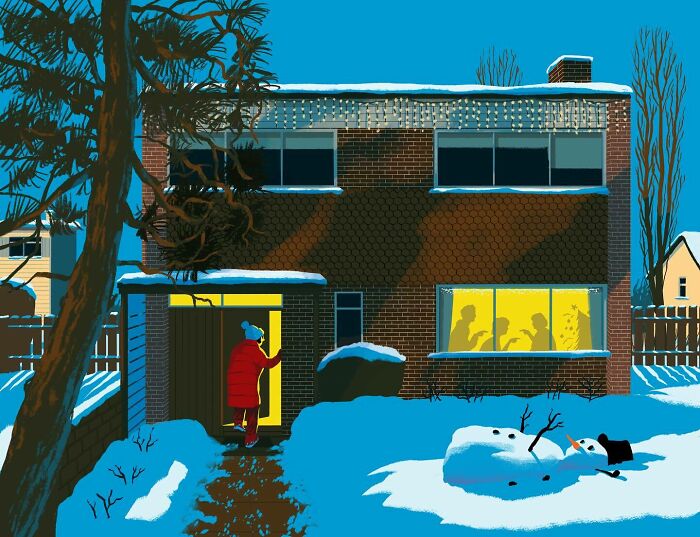 Winter scene with bold illustration of a person entering a house and shadows inside, showcasing clever visual metaphor art.