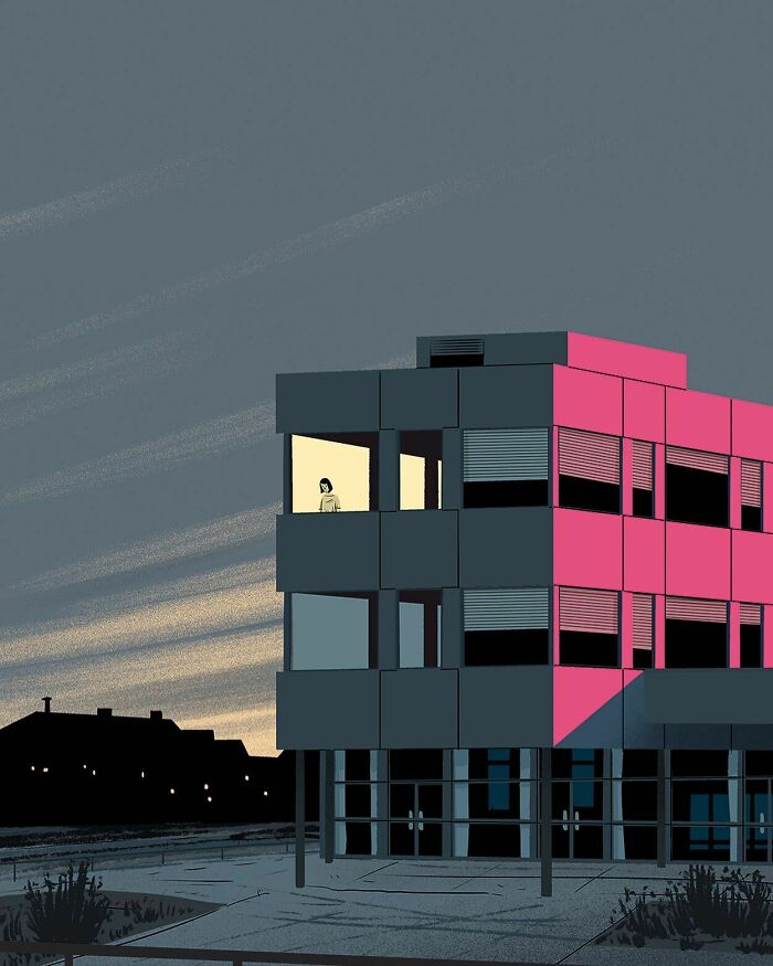 Modern building illustration at dusk with a person inside, showcasing bold illustrations as clever visual metaphors.
