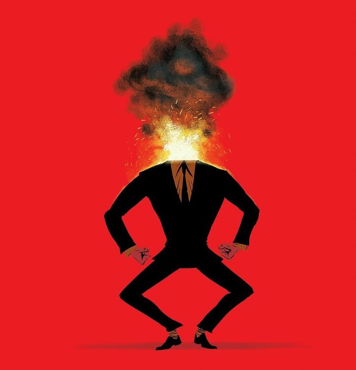 Bold illustration of a headless man in a suit with an exploding fiery head, representing clever visual metaphors.