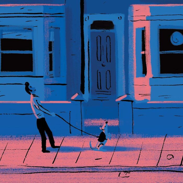 Bold illustration of a person walking a dog on a leash outside a building, showcasing clever visual metaphors.