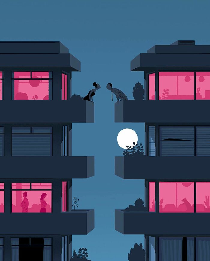 Bold illustration of two people leaning from adjacent balconies under moonlight, showcasing clever visual metaphors.