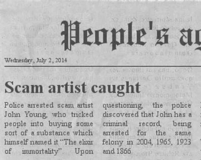 Old photograph of a newspaper article reporting a scam artist with strange details explained by time travel theories.