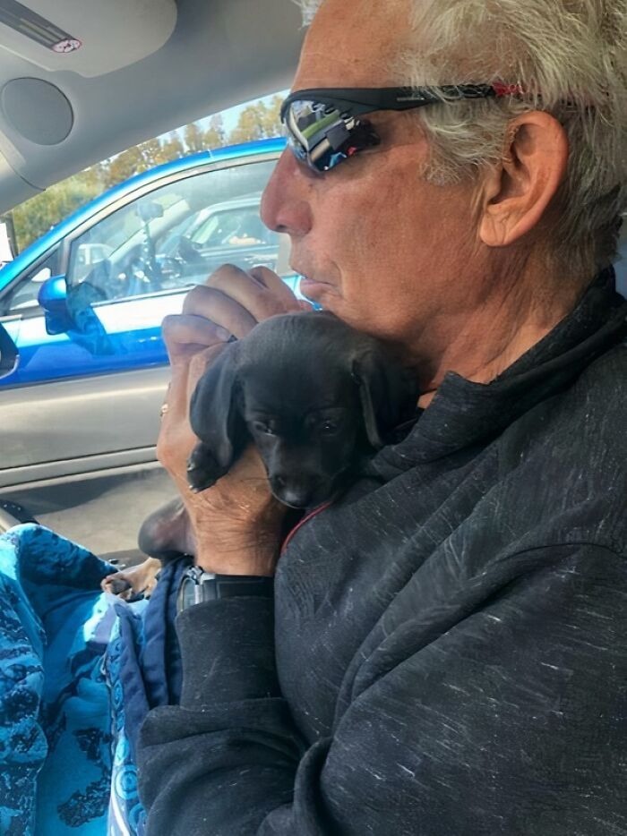 Man wearing sunglasses holding a small black puppy in a car, showing the bond between dads and pets they love.