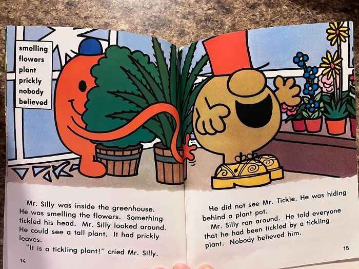 Illustration of two cartoon characters in a greenhouse, with one character hidden behind plants in an old photo style.