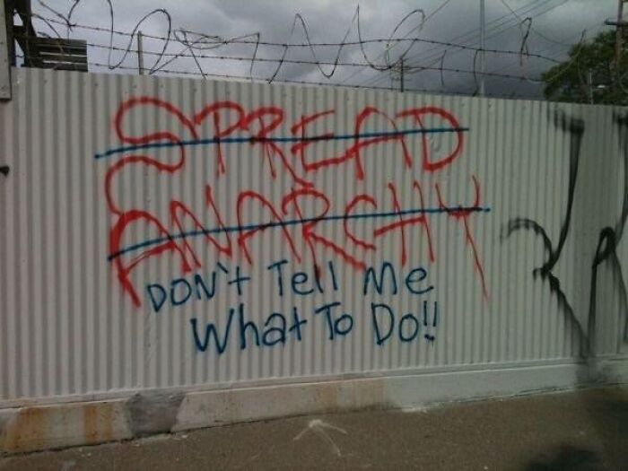 Graffiti on a corrugated metal fence reads sarcastic messages with barbed wire on top, capturing ironic sarcasm.
