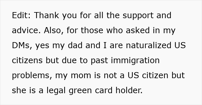 Text message explaining someone's family immigration status, mentioning naturalized citizens and a green card holder. Text message explaining someone's family immigration status, mentioning naturalized citizens and a green card holder.