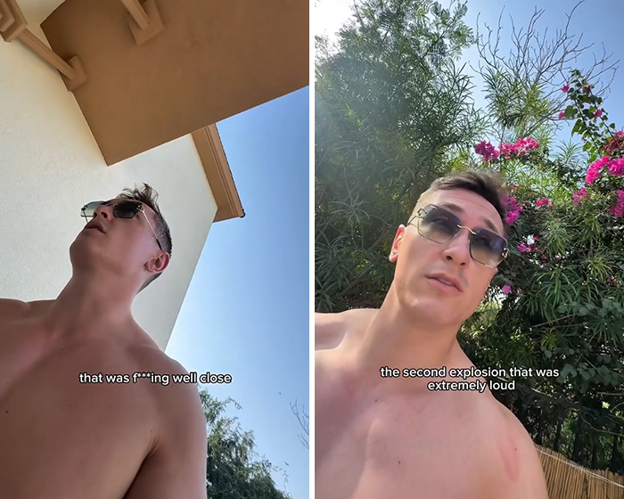 Influencer filming himself shirtless outdoors reacting to explosions during Iran's Dubai strikes, sparking public fury.