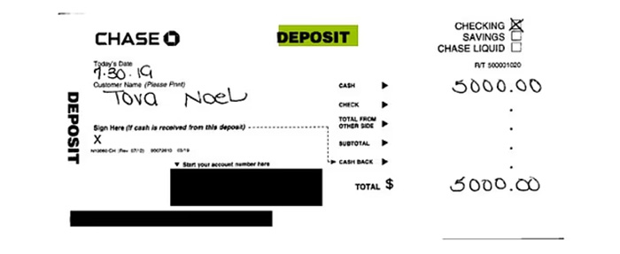 Deposit slip from Chase showing a $5000 deposit with handwritten details related to Epstein guard&rsquo;s incriminating words.
