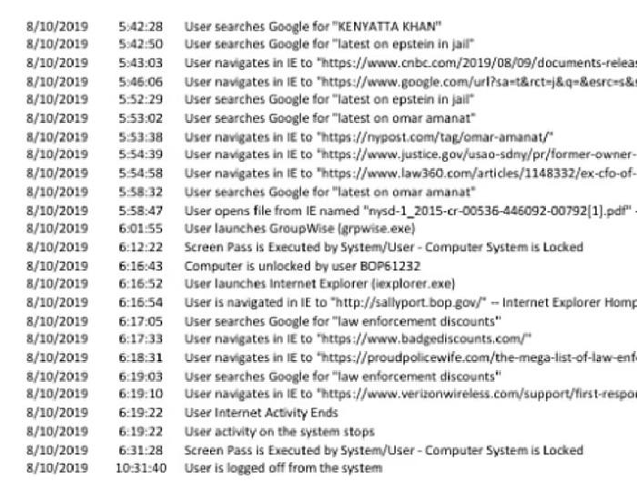 Computer screen showing detailed user internet searches and activity logs related to Epstein guard&rsquo;s incriminating words.