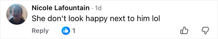 Screenshot of a social media comment discussing someone&rsquo;s unhappy expression next to another person during an event.