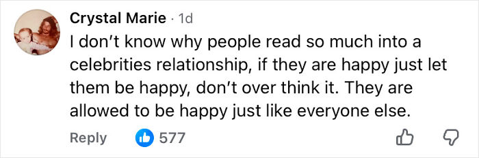 Comment from Crystal Marie supporting celebrities' happiness and urging others not to overthink relationships in a social media post.