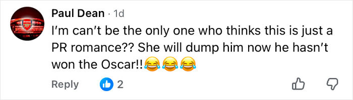 Comment by Paul Dean expressing skepticism about a PR romance and Oscar win during Timoth&eacute;e Chalamet&rsquo;s awkward Oscars night.