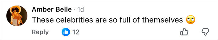 Comment by Amber Belle expressing frustration about celebrities, with 12 likes and emoji reaction visible.
