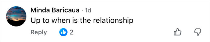 Comment on social media asking about the timeline of a relationship, with 2 likes and thumbs up and down icons.