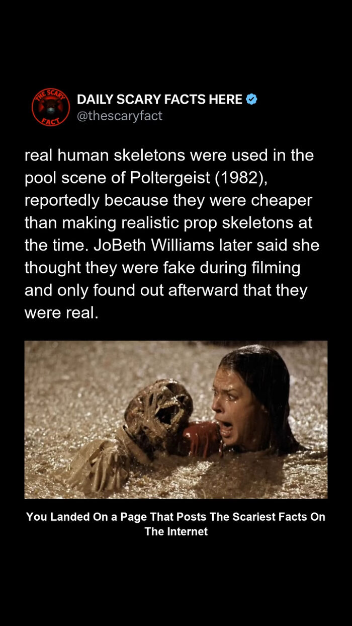 Screenshot from Daily Scary Facts about real human skeletons used in Poltergeist pool scene with a shocked woman in water.