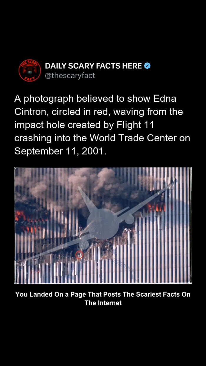 Photograph believed to show Flight 11 impact and Edna Cintron circled in red among scary facts about September 11 tragedy.