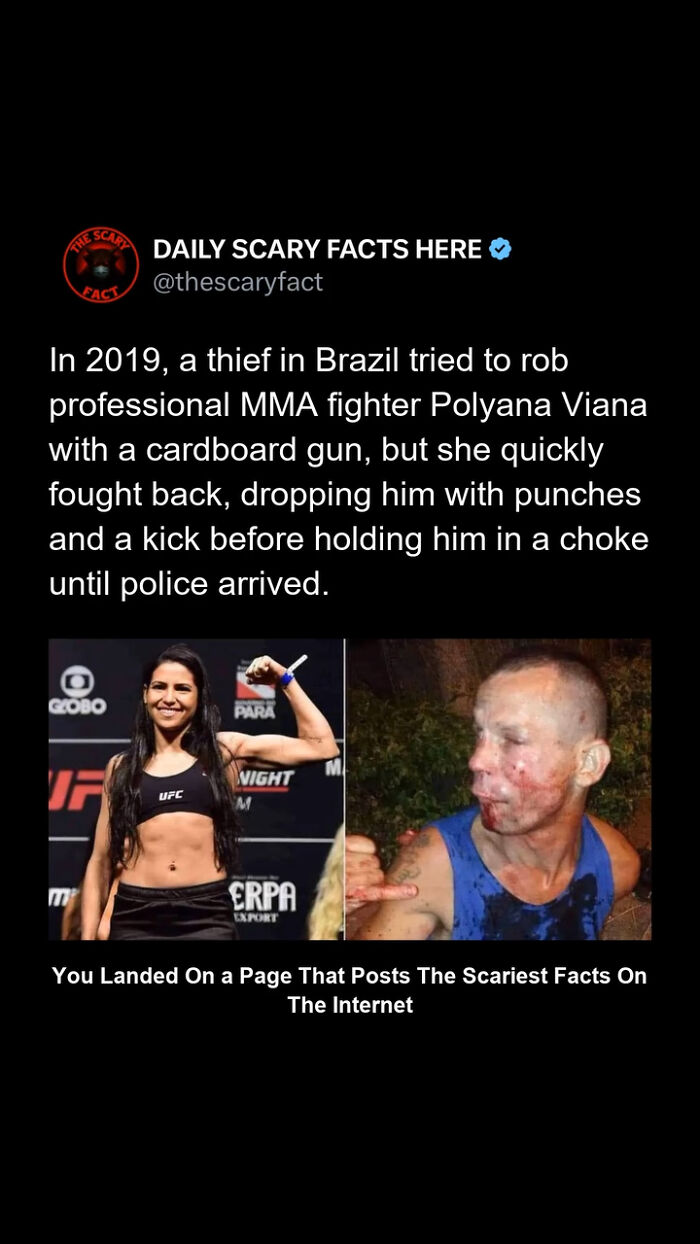 MMA fighter Polyana Viana fights off thief with cardboard gun, showcasing a real scary fact from 2019 robbery incident.