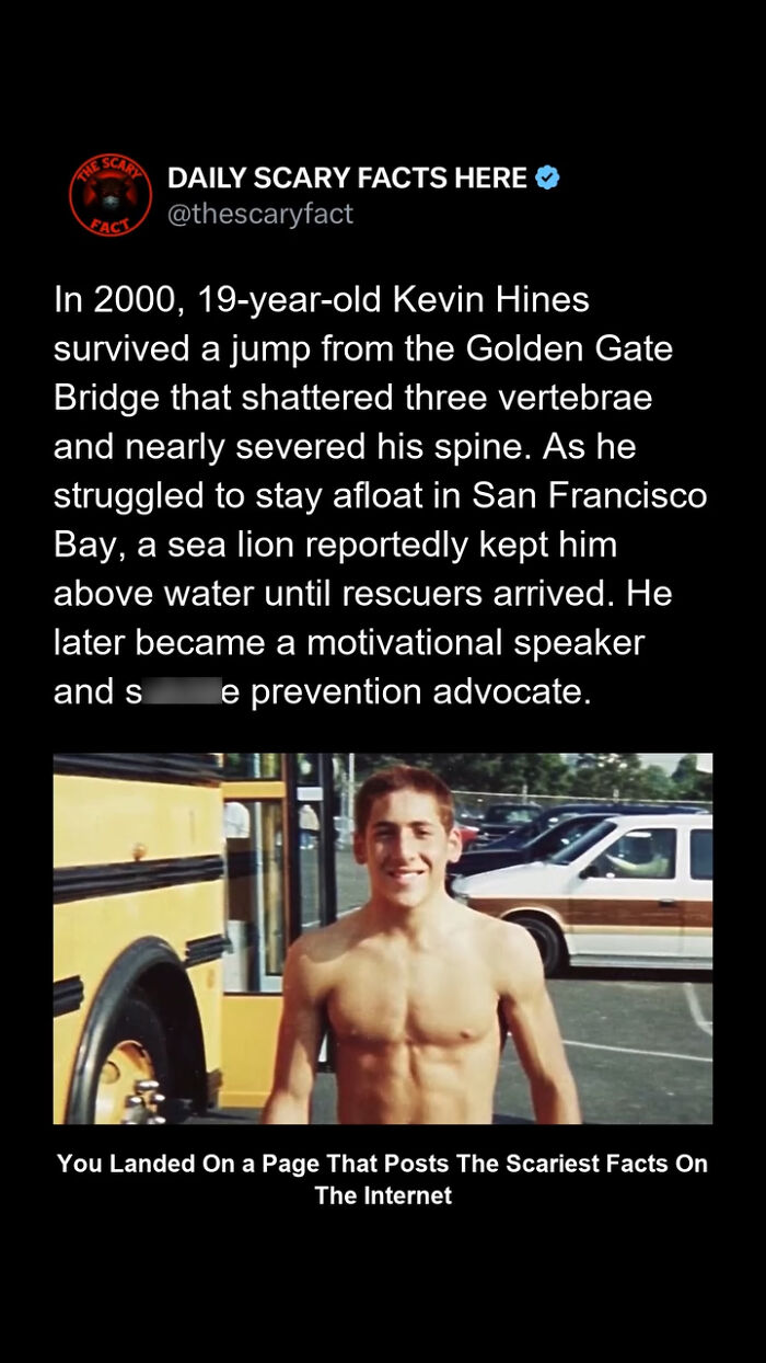 Young man standing shirtless by a school bus, illustrating a scary fact about survival and spine injury.