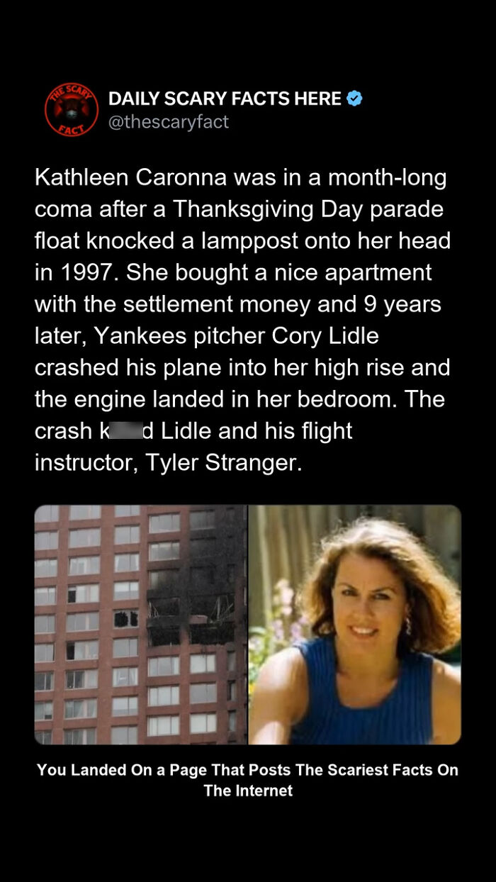 Tweet about a deadly plane crash in a high-rise apartment with images of the damaged building and a woman, highlighting scary facts.
