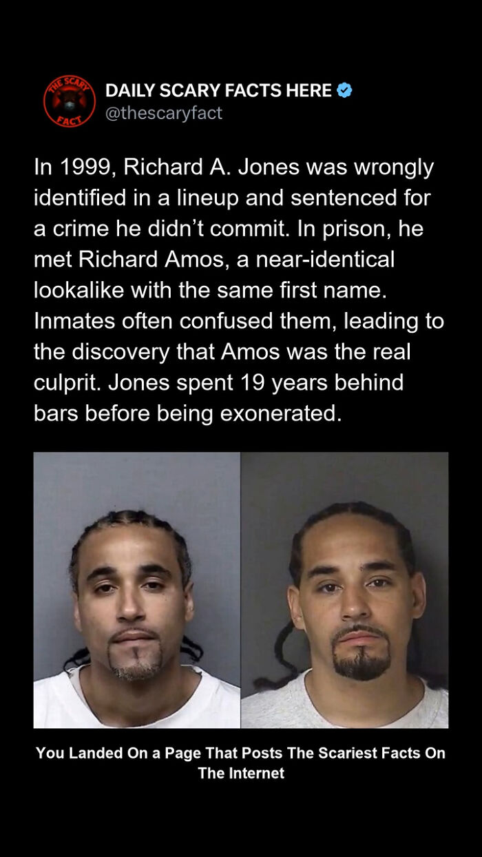 Two near-identical men with braided hair, illustrating a scary fact about wrongful conviction and lookalikes.