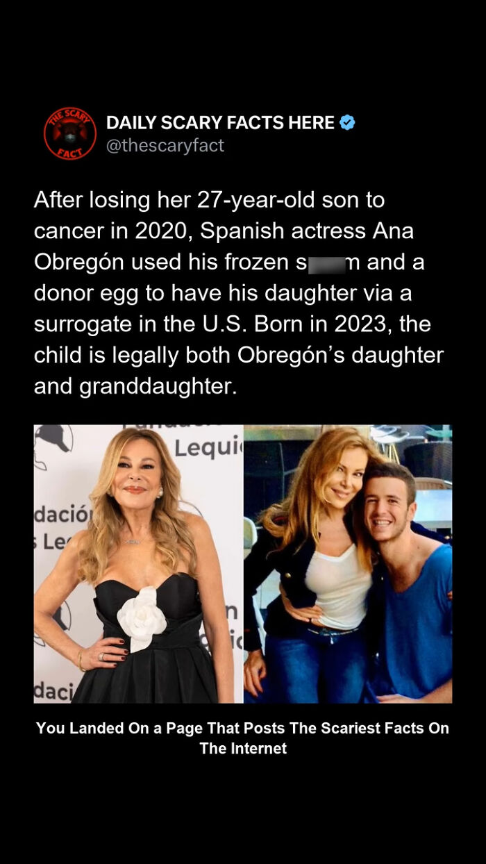 Text post from Daily Scary Facts about Spanish actress Ana Obregón's family, with two photos of her included.