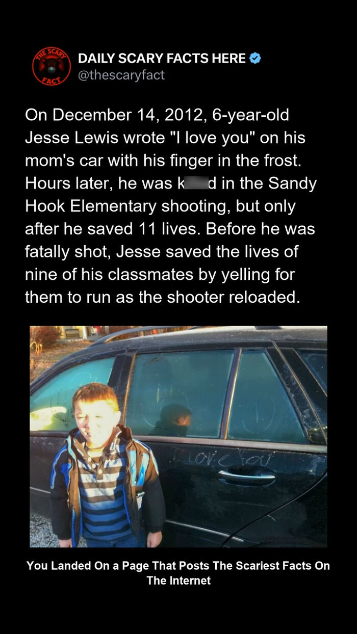 Young boy standing by a car with "I love you" written on the frosted window, illustrating a scary fact from Sandy Hook.