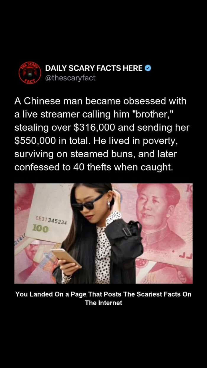 Daily scary facts post about obsession, theft, and poverty with a woman using a phone against a backdrop of Chinese currency.