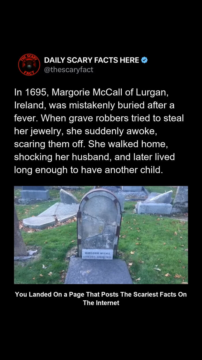 Gravestone in a graveyard illustrating a scary fact about a woman mistakenly buried alive in 1695 in Ireland.