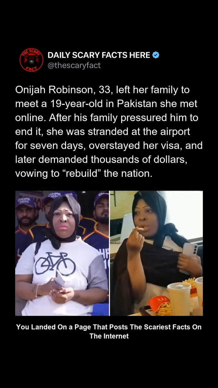Woman stranded after meeting online in Pakistan, pictured with a phone and eating fast food, illustrating scary facts story.