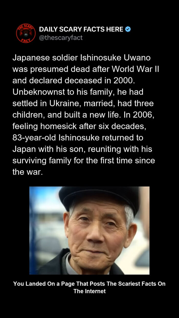 Elderly Japanese soldier reunited with family after decades, featured as a scary fact about history and war experiences.